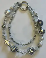 Beaded Cell Phone Wrist Strap, Cross Silver Pearl