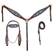western Leather Equestrian Tooled Beaded Headstall,Breast Collar & Reins. (H044)