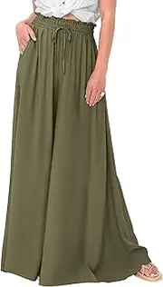 [Valtorixia] Women's 2025 Summer Wide Leg Palazzo Pants Elastic High Waisted Flowy Pockets Trendy Lounge Boho Beach Trousers