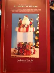 St. Nicholas Square Handpainted Treat Jar "Santa/Presents" Ceramic & Glass - New