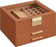 SONGMICS Jewellery Box with Glass Lid, 3-Layer Jewellery Organiser with 2 Drawers, Jewellery Storage, Plenty of Storage, Modern, Gift Idea, 20.3 x 23.1 x 13.5 cm, Caramel Brown and Gold JBC239K01