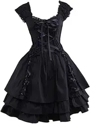 [Plustrong] Womens Black Layered Lace Up Goth Lolita Dress Gothic Medieval Renaissance Corset Dress Halloween Costumes