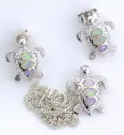 Lab Opal Sea Turtle Sterling Silver Pendant Earring 18 Inch Chain Gemstone Set