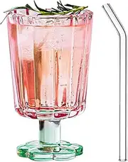 QUSHEJIAND Footed Drinking Glasses with Straw Tall Ice Cream Bowls Dessert Sundae Cups Petal Style Glass Goblet,Water Glasses,Suitable for Juice Milk Ice Cream Cocktails Dessert Cups (Pink)