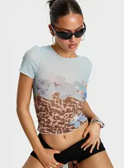[Princess Polly Lower Impact] Pop Quiz Mesh Top Blue / Leopard