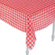 Red and White Floral Gingham Plastic Tablecloth