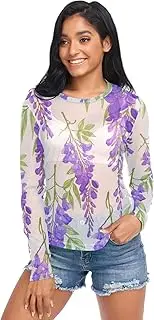 [RPLIFE] Watercolor Purple Flowers White Mesh Sleeve Top, Sexy Sheer Tops for Women S-XXL