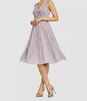 $510 Aidan Mattox Women's Purple Sleeveless Beaded V-Neck Flare Dress Size 14