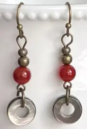 Bronze with Carnelian and Shell Bead Dangle Earrings. Boho Chic
