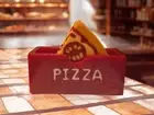 New Set Of 6 Lucite Red / Orange Pizza Slice Coasters W/ Pizza Box Holder
