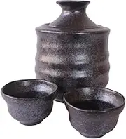 Ale-net Sake Tanker, Cold Sake Potter, Tokuri Hot Sake, 10.1 fl oz (300 ml), Black Silver Sake Tanker, with Warming Device (Large), Includes 2 Cups, Pottery, Mino Ware