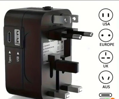 All-in-One Universal World Travel Adapter USB & Type-C Port Power Plug Converter