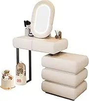 Dressing Table with 5 Drawers & Fluffy Smart Mirror,Vanity Desk with LED Lighting & Storage Bin,Modern White Makeup Table with Cabinet(No Chair,White_80CN)