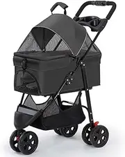 Pet Stroller with Detachable Cabin Bag,3 Wheels pet pram cart for Dogs and Cats,Foldable pet Trolley,Swivel Front Wheel,Rear Wheel with Foot Brakes,Front and Back openable Canopy