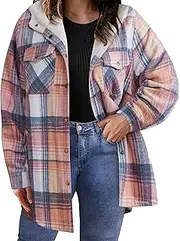 [IN'VOLAND] Plus Size Women Flannel Plaid Shacket Jacket Long Sleeve Button Down Fleece Hooded Jackets Fall Winter Coat