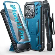 FNTCASE for iPhone 15 Pro Case: with Belt-Clip Holster & Built-in Screen Protector & Kickstand, Full-Body Dual Layer Heavy Duty Rugged Military Shockproof Protective Cell Phone Cover 6.1 inch-Blue