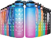 GeeRic Sports Water Bottle, 1 Litre Drinking Bottle with Scale & Time Marker Leak-Proof Large Capacity Bottle Straw Cap Durable for Teenager, Adult, Sports, Gym, Fitness, Outdoor, Cycling 32oz/1000ml