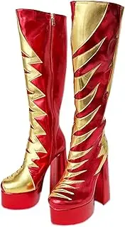 [Frankie Hsu] Ladies Girls Sexy Unisex Chunky Platform Knee High Heeled Wide Calf Boots, Red Gold Thunder Luxury Fashion Style, Big Large Size US4-14 Shoes For Women Men