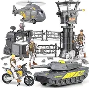 Military Base Toy Set, Military Vehicles Helicopter Tank Toy, Army Men Soldier Action Figures and Weapons Equipment Accessories Military Combat Motorcycle Toy Age 3+