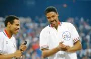 Philadelphia 76ers Julius Erving and Maurice Cheeks laugh during h- Old Photo