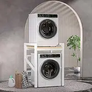 [MAKTOR] Over The Washer & Dryer Organizer Shelf, Space Saver Height Adjustable Washer Dryer Machine Stacking Rack, 4cm Thick Steel Frame Load Capacity 300kg for Bathroom, Laundry Room, White