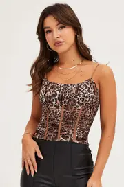 Print Corset Singlet Gathered Bust Mesh - Size S, Women's Singlet