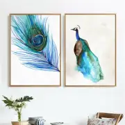 Blue Peacock Feather Canvas Poster Watercolor Painting Home Art Decor No Frame