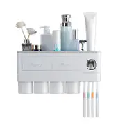 Wall Mounted Toothbrush Holder Multi Function Magnetic Absorption Bathroom Storage Rack with Drawer Toothpaste Dispenser 4 Cup Gray (38.4x11.3x20cm/15.1x4.4x7.9in)