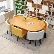 Kitchen Dining Conference Table Set for 6, Office Reception Room Club Table Negotiation Table and 6 Chairs for Save Space(Yellow 2)