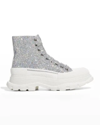 Alexander McQueen Tread Slick Glitter High-Top Boots Silver White 38EU $750