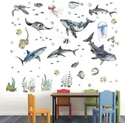 Amimagen 3 Pieces Under The Sea Wall Decals - Marine Theme Shark Whale Fish Sea Turtle Ocean Wall Stickers - Bathroom Baby Nursery Kids Bedroom Daycare Wall Decor