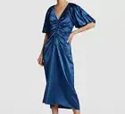 $900 Lee Mathews Women's Blue Silk Ruched V-Neck A-Line Dress Size 1