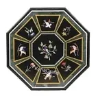 Octagon Black Marble Dining Table Top Nature Pattern Inlay Work Office Table