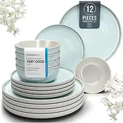 12 Piece Dinnerware Sets for 4 - Modern Style Stoneware Dinnerware Set - Scratch Resistant, Dishwasher, Microwave Safe Plates and Bowls Sets Ceramic, Bowl and Plate Set - Beige and Light Blue…