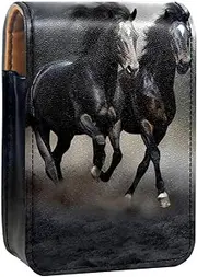 Travel Lipstick Organizer Case,Lipstick Case Portable Makeup Bag with Mirror,Black Horse Running Cloudy