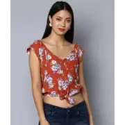 NWT American Eagle Womens Top XS Orange Floral Crop Top Tie Front Button Up Tank