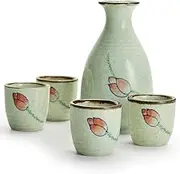 Sake Cup Japanese, 5 Pieces, Hand Painted Design, Pottery Ceramic Cups, Include 1 Bottle & 4 Cups,Packaging