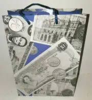 CARLTON CARDS LAMINATED GIFT BAG INTERNATIONAL MONEY & COINS DESIGN 10" X 7.125"