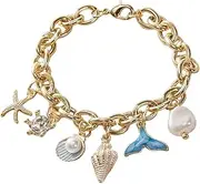 [Cykdohy] Bohemian Starfish Shell Pearl Conch Charm Bracelet for Women Gold Chunky Cuban Link Chain Boho Mermaid Rhinestone Seashell Pendant Anklet Bracelets Summer Hawaiian Ocean Beach Holiday Trendy Jewelry