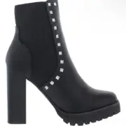 Steve Madden Women Brisa Studded Block Heel Boots Faux Leather Sock Boot Sz 9