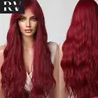 New Long Curly Wine Burgundy Red Synthetic Wigs Bangs Women Wave Natural Hair
