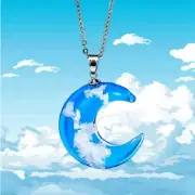 AQUA BLUE CRESCENT MOON CLOUDS Pendant On 18" 925 Sterling Silver Necklace Women
