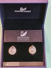 VTG Swarovski Earrings Blue Tone, Crystal Pear Shaped Clip On, Orig Box Gift Bag