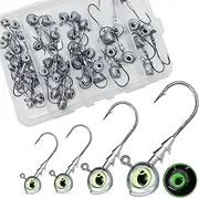 50Pcs/Box Swimbait Jig Heads Fishing Hooks with 3D Eye，4 Sizes（1/4oz.3/8oz,1/5oz. 1/8oz Mixed，Automatic stabilization Head Design/Luminous,Bass Freshwater&Saltwater