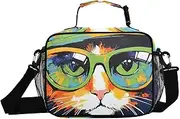 Insulated Lunch Box Cat Glasses Green for Women Men - Ideal for Work, Picnics - Includes Adjustable Shoulder Strap