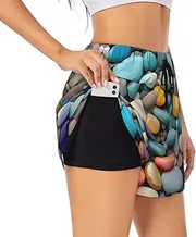 [GaxfjRu] Beach Colored Pebbles Print Women's Running Shorts High Waisted Running Shorts Pocket Sporty Gym Elastic Short