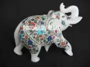 8'' White Marble Elephant Trunk Up Marquetry Multi Fine Stone Inlay Decor Arts