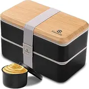 Bento Box Adult Lunch Box,All-in-1 Stackable Japanese Bento Lunch Box,(47oz) Lunch Containers with Food Compartments, Accessories and Sauce Container,Leak-Proof,Microwave Safe (Black)