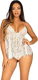 [Leg Avenue] Women's 2 Pc Floral Babydoll with Eyelash Lace Scalloped Hem, Adjustable Cross-Over Straps, and G-String Panty
