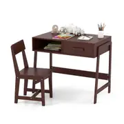 Babyjoy Kids Desk & Chair Set Wooden Children Study Table w/Drawer & Hutch Student Writing Desk Brown